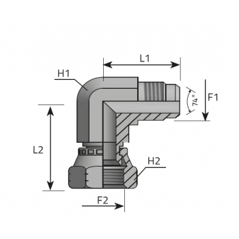 Коляно 90° за ориентиране, резба JIC 37°. конус 74°